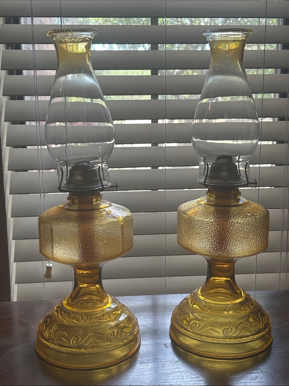 Vintage Amber Glass Hurricane Lamp Pair